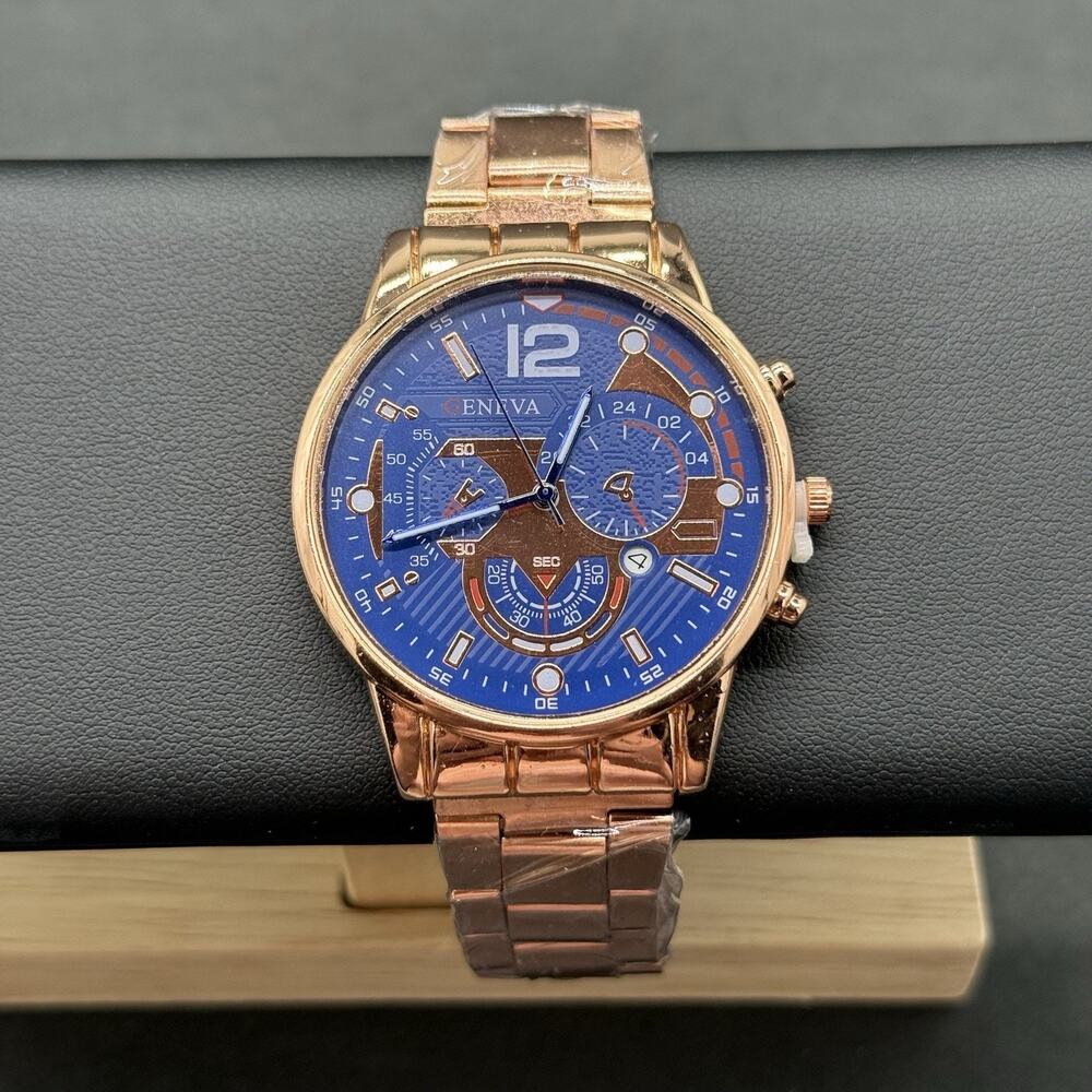 Geneva Mens Rose Gold Tone Chronograph Style Watch Black Dial Stainless Steel